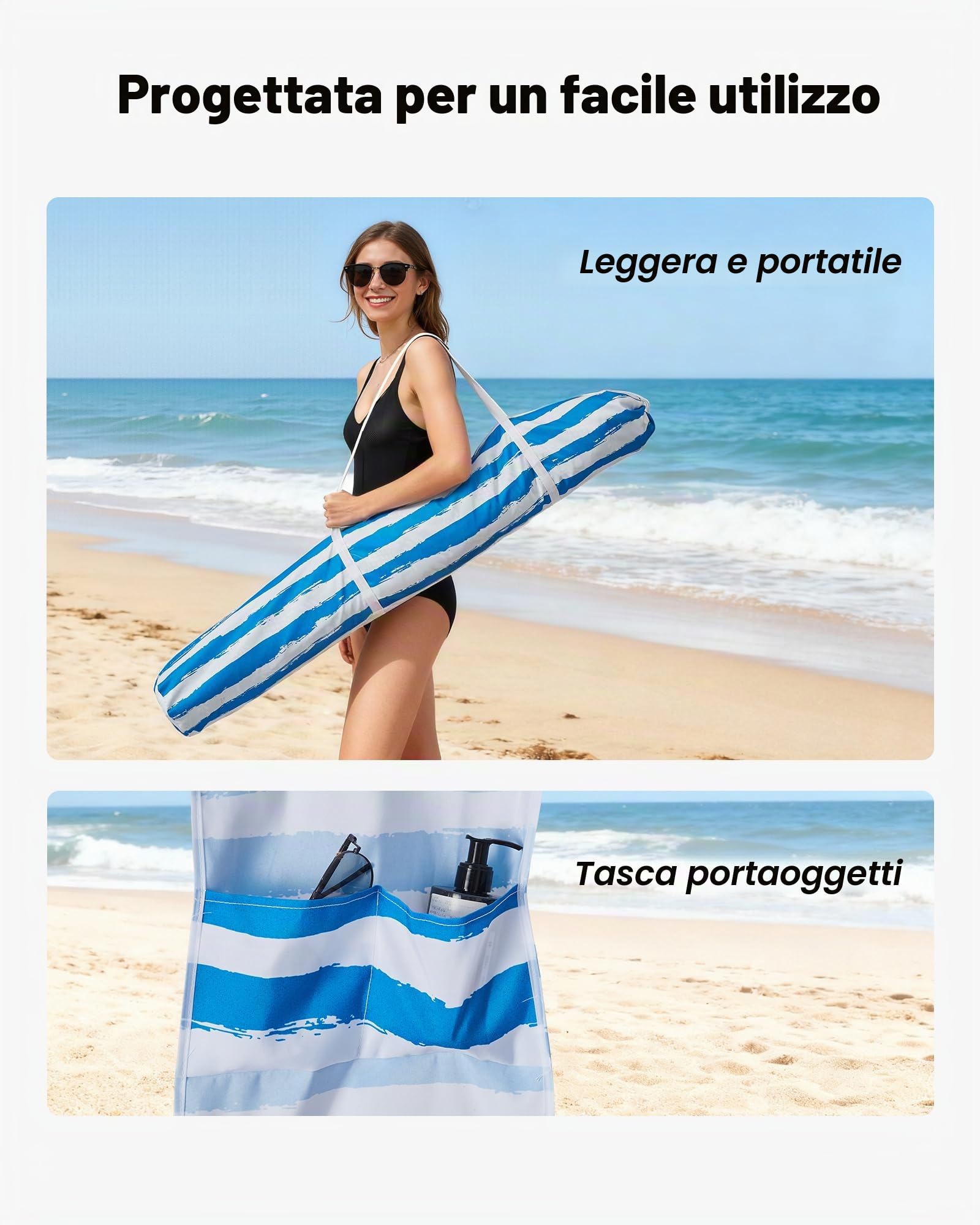 VEVOR Tenda da Spiaggia da 1830 x 1830 x 2290 mm, con Parete Laterale e Tasche per la Sabbia, Ombrellone Parasole Portatile Regolabile in Altezza per Famiglia e Amici, Blu Chiaro Striature Bianche