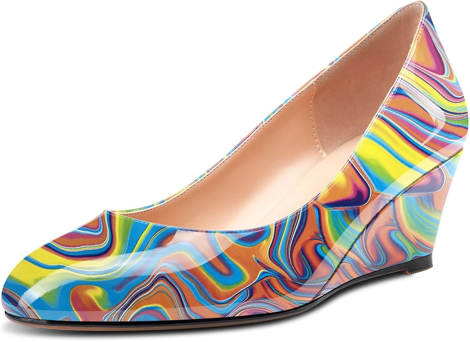 Aachcol Women Wedge Pumps Mid Heel Round Toe Slip-on Dress Shoes Wedding Office Party 2 Inches