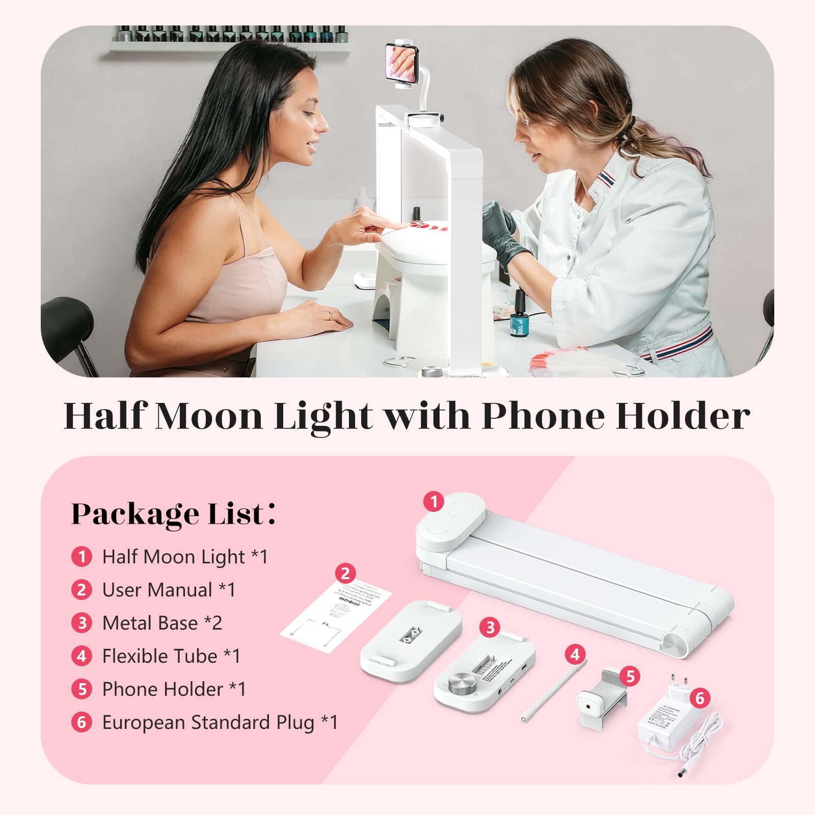 Mezza Luna Lampada per Nghie: 34" LED Lampada per Unghie da Tavolo | Lampada Tavolo Unghie con Supporto & 3 Modalità di Colore e 10 Livelli di Luminosità per Cellulare Manicure (Bianco)