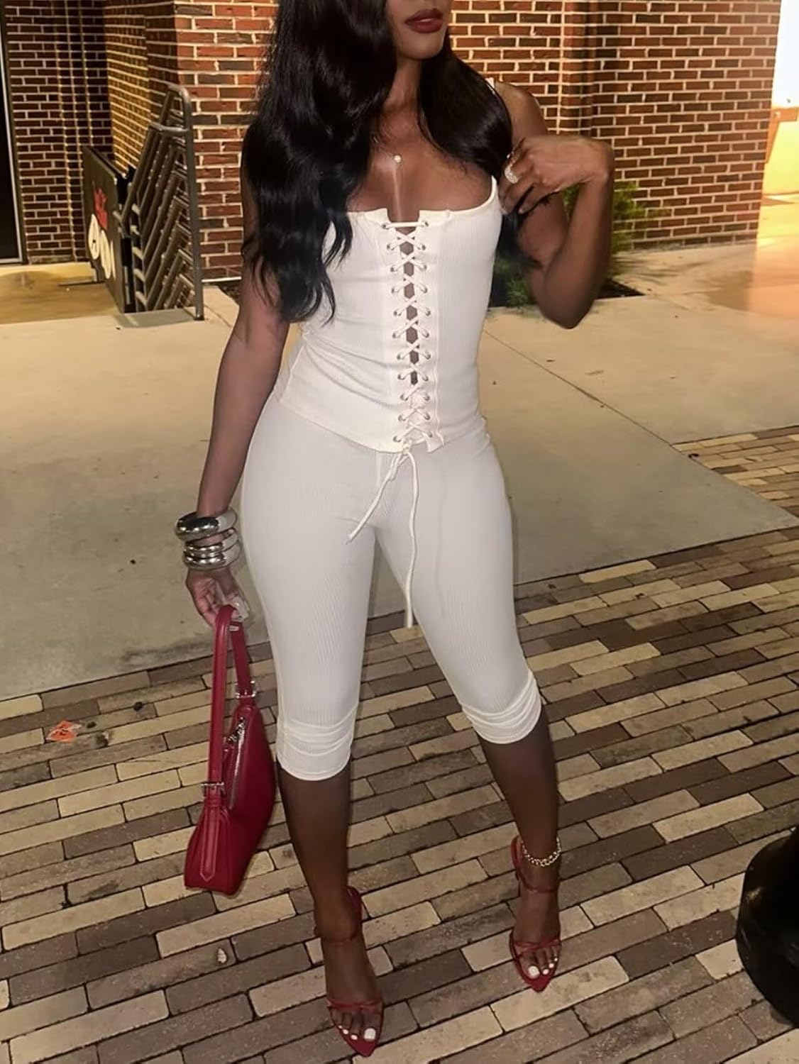 Uni Clau 2 Piece Sets for Women Ribbed Knit Sleeveless Hollow Tie Down Tank Top and Capri Legging Bodycon Set Jumpsuits - Image 6