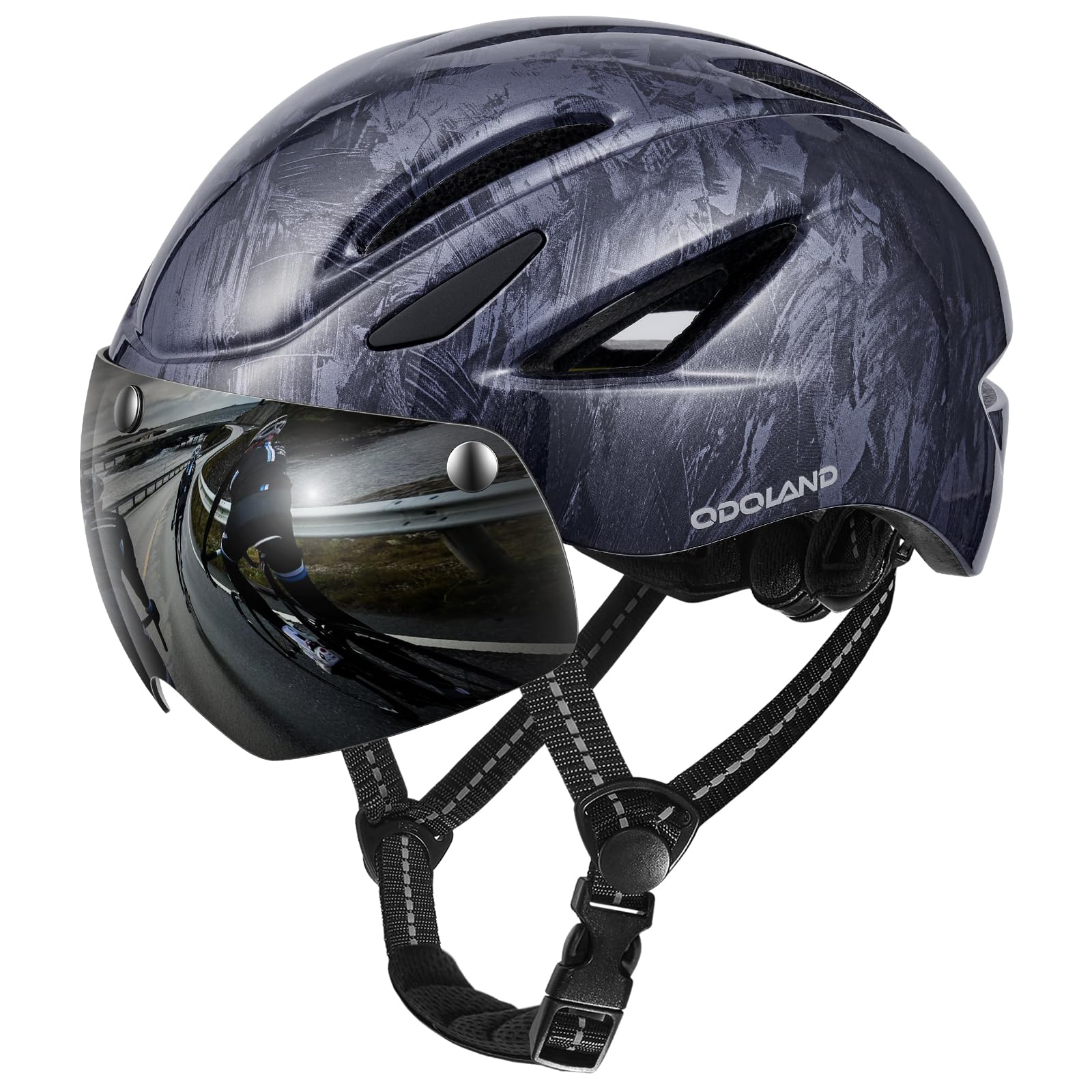 Odoland Adult Bicycle Helmet with Detachable Magnetic Goggles Visor - Mountain Road Cycling Certified Lightweight Adjustable for Men Women Marbled Black