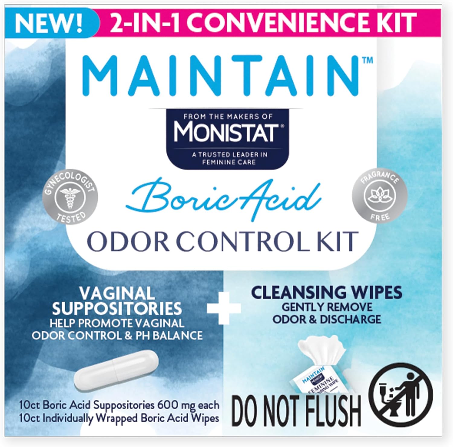 Monistat Maintain Boric Acid Odor Control Kit, 10 Feminine Wipes & 10 Boric Acid Suppositories for Women, Fragrance-Free and Non-Irritating pH Balanced Formulas to Control Vaginal Odor