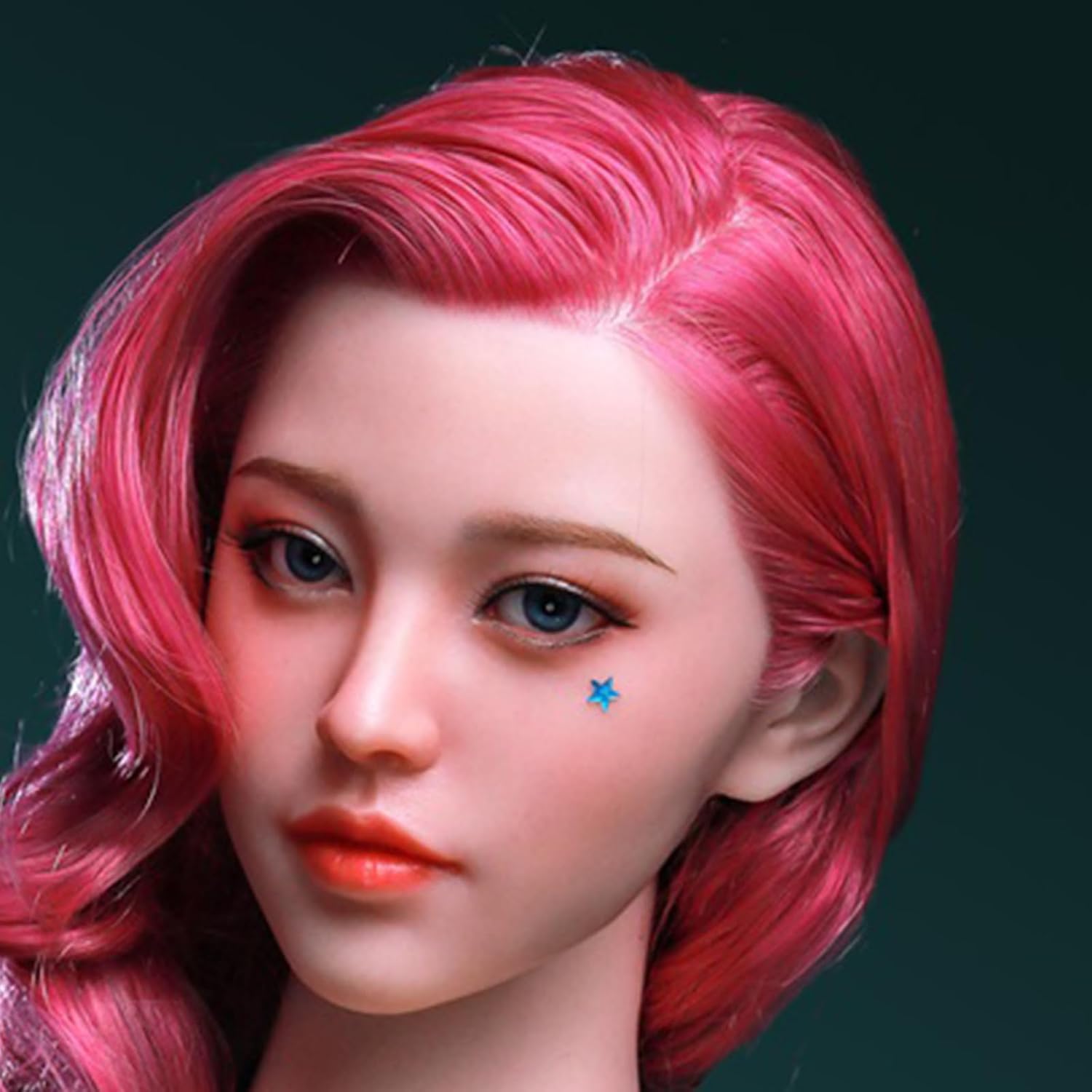 Solid Silicone Doll Head with Long Pink Hairs, Makeup Doll Head Connection Life-Size Doll Parts Accessories with Blue Eyeball, White Color