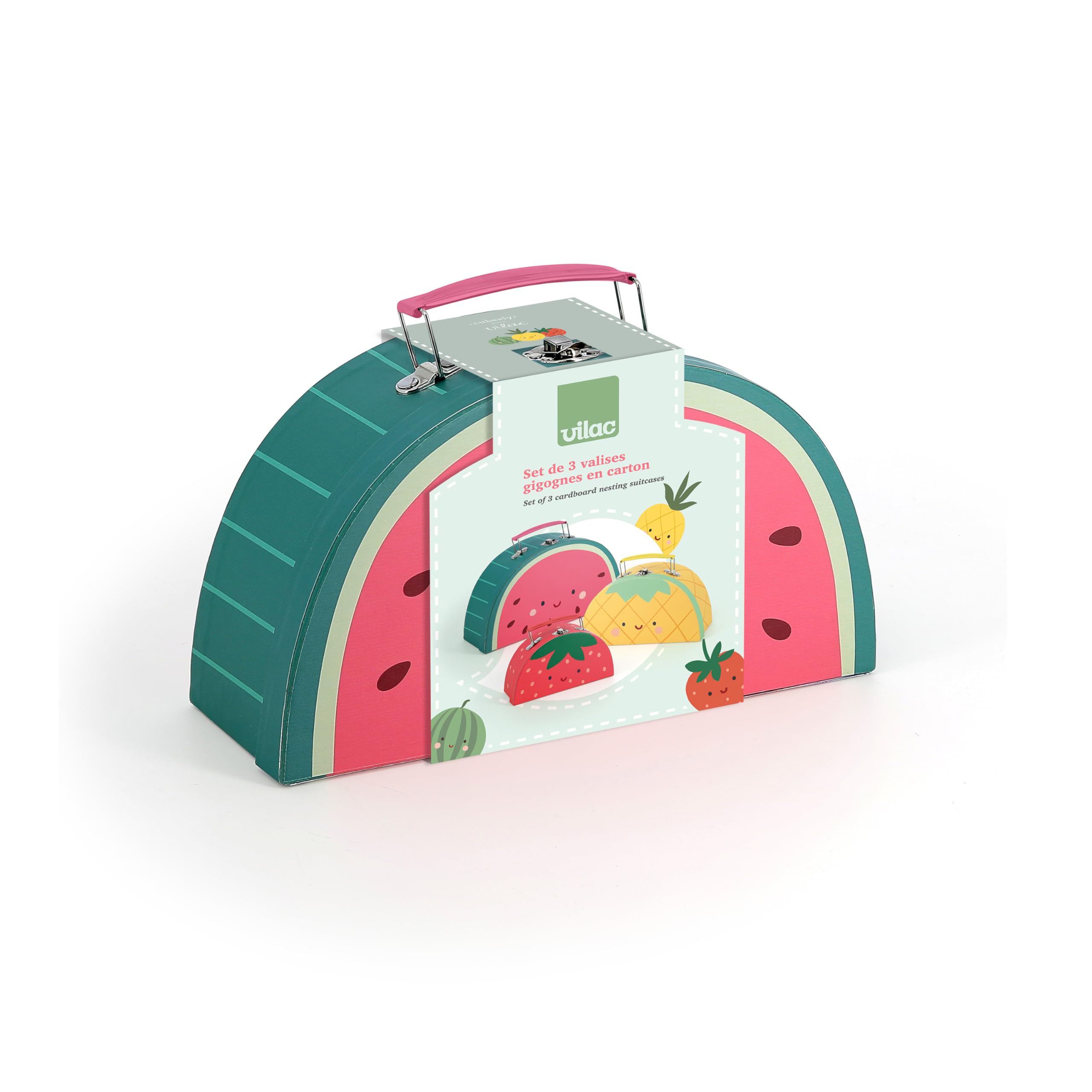 VILAC - Set of 3 Fruits suitcases - Sarah Betz - Decoration & Gifts - 3 cardboard nesting suitcases: watermelon, pineapple and strawberry. - Wooden games - From 3 years old - 7122