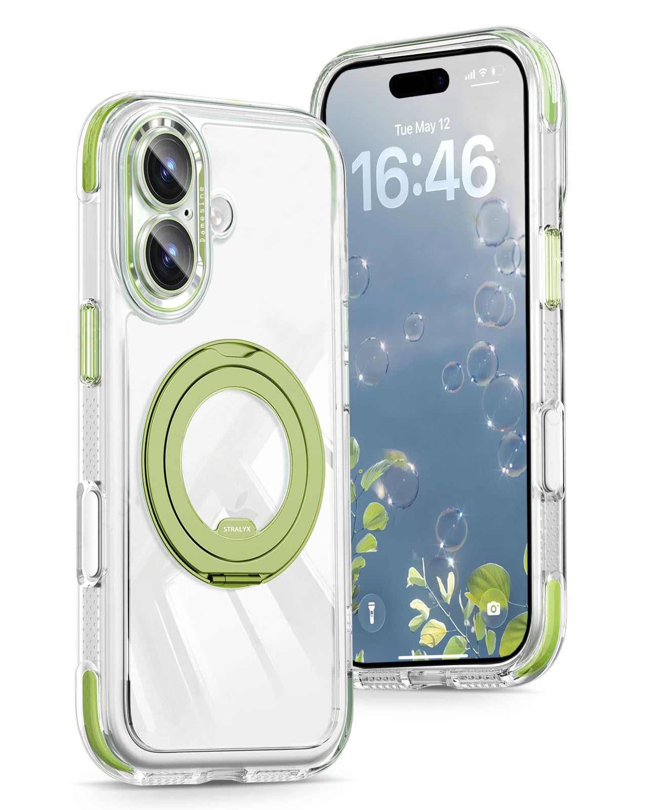 DAMESINE iPhone 17 用ケース 透明 Magsafe対応 360度回転リングスタンド付き 四角エアクッション衝撃吸収 耐黄変 カメラコントロールボタン 着脱式カメラカバーキラキラ レンズ保護フィルム付き マグネット搭載急速充電対応 かわいい あいふおん17ケース アボカドグリーン
