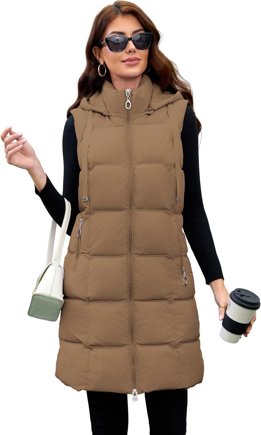 Long Puffer Vest for Women with Hood Thickened Packable Sleeveless Extended Long Vest for Fall & Winter