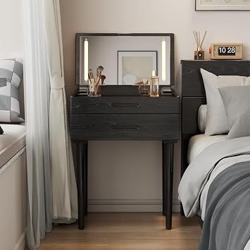 Muwuele Solid Wood Small Vanity Desk with Mirror and Lights, 23.6", Black