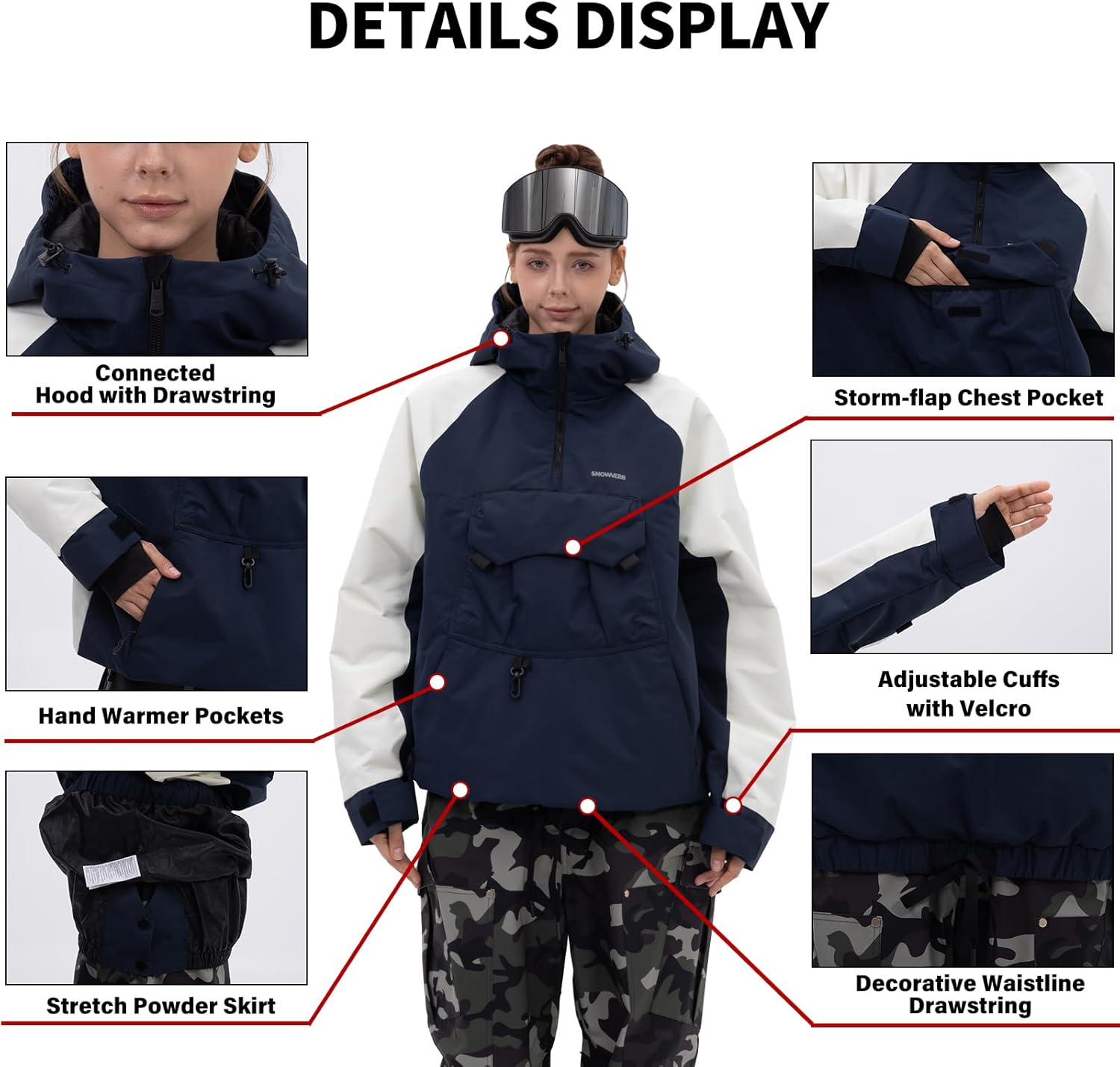 SNOWVERB Womens Mens Snowboard Baggy Anorak Half-zipper Snow Jackets Camo Leopard Waterproof Mountain Ski Coats with Hood - Image 6