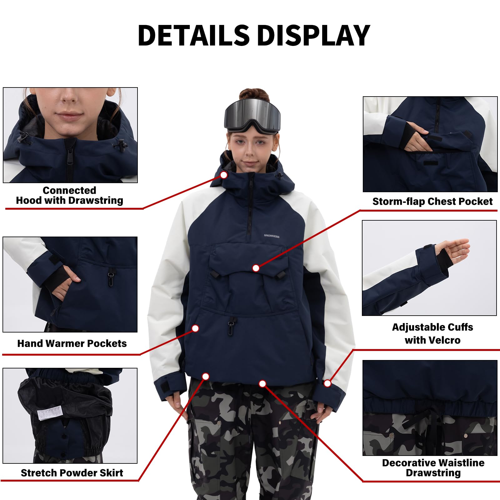 SNOWVERB Damen Snowboard Baggy Anorak halber Reißverschluss Schneejacke Camo Leopard Wasserdicht Mountain Ski Mantel mit Kapuze