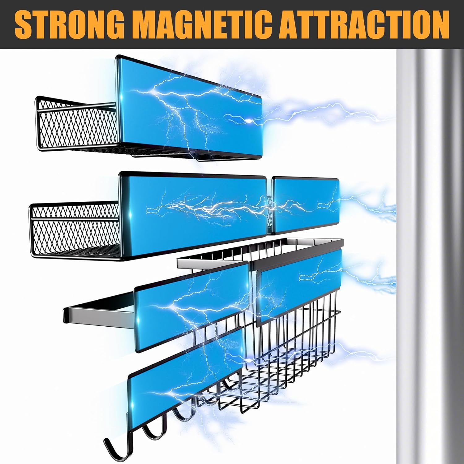6 Pack Magnetic Shelves for Washing Machine, Magnetic Spice Rack Organizer for Refrigerator, Magnetic Shelf with Hanger Organizer, Metal Magnetic Basket, Laundry Organization and Storage, Black