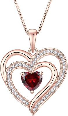 Rose Gold Plated Love Heart Necklace for Women 925 Sterling Silver Birthstone Pendant Necklace Jewelry Gift for Women Her Mom Wife