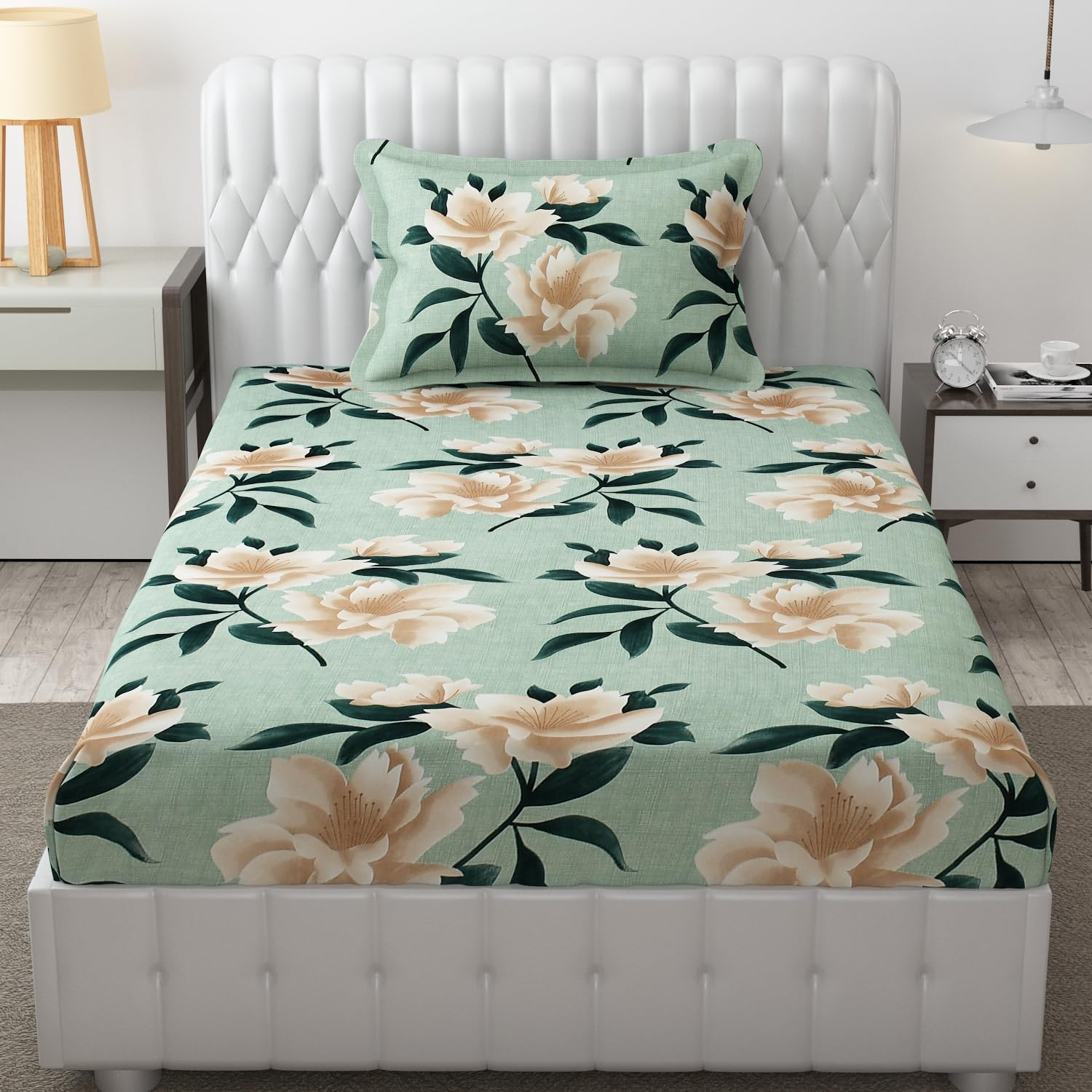 FRESH FROM LOOM Single Bed Floral Design Microfiber Single Bedsheet | Hypo-Allergenic Bedsheets/Bedcover | Wrinkle Free | Includes 1 Pillow Covers (60x90 Inches | Sea Green), 144 TC