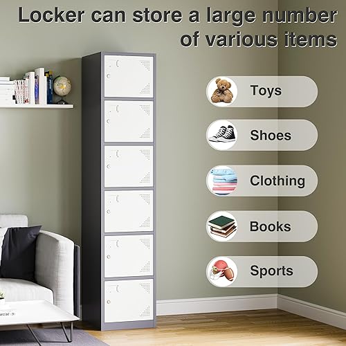 Miniatura 6 de SISESOL Armario de almacenamiento de metal con puertas y estantes, armarios metálicos con 6 puertas, armario de almacenamiento pequeño con cerradura