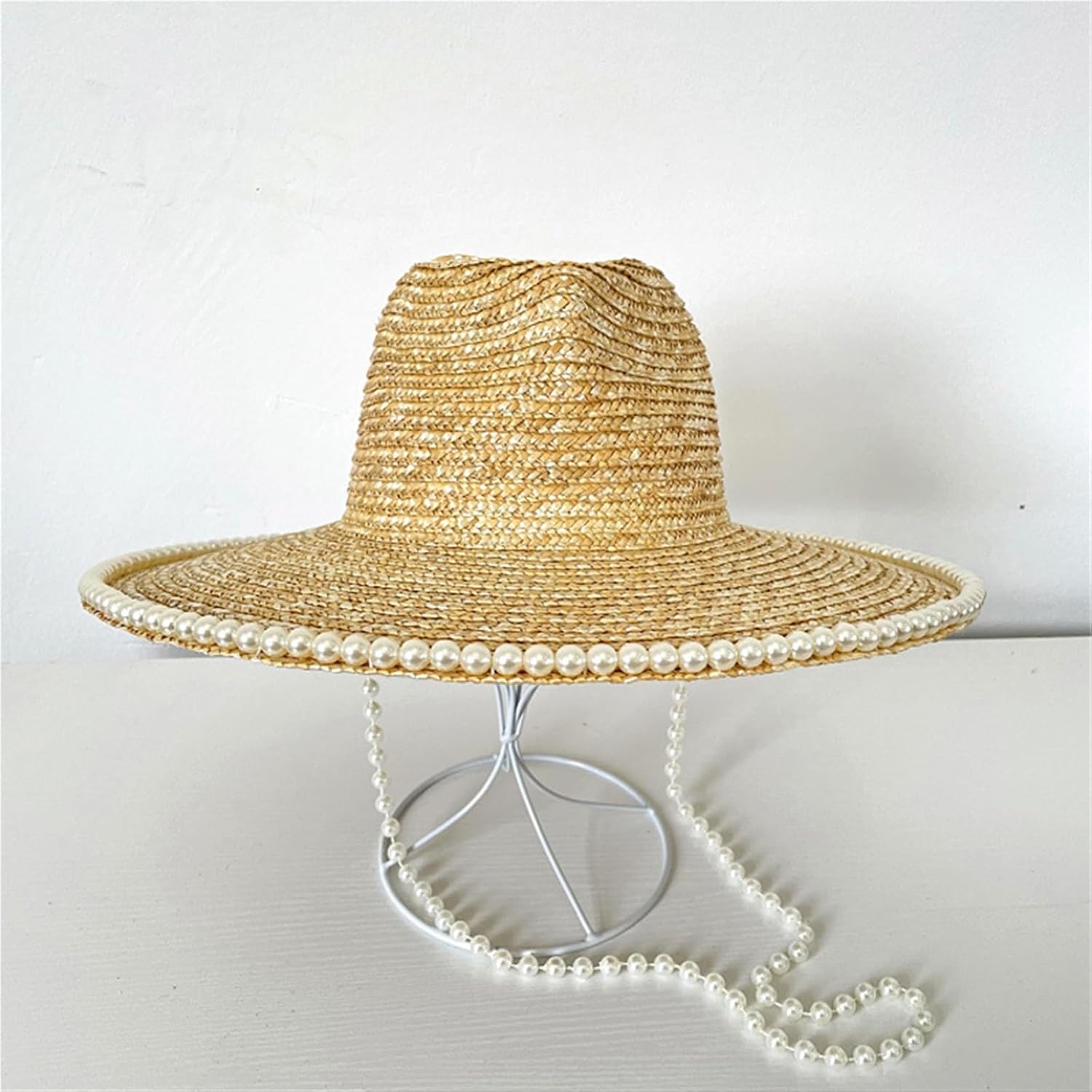 Legant Straw Flat Hat with Pearl Accent for Outdoor Travel and Beach Sun Protection