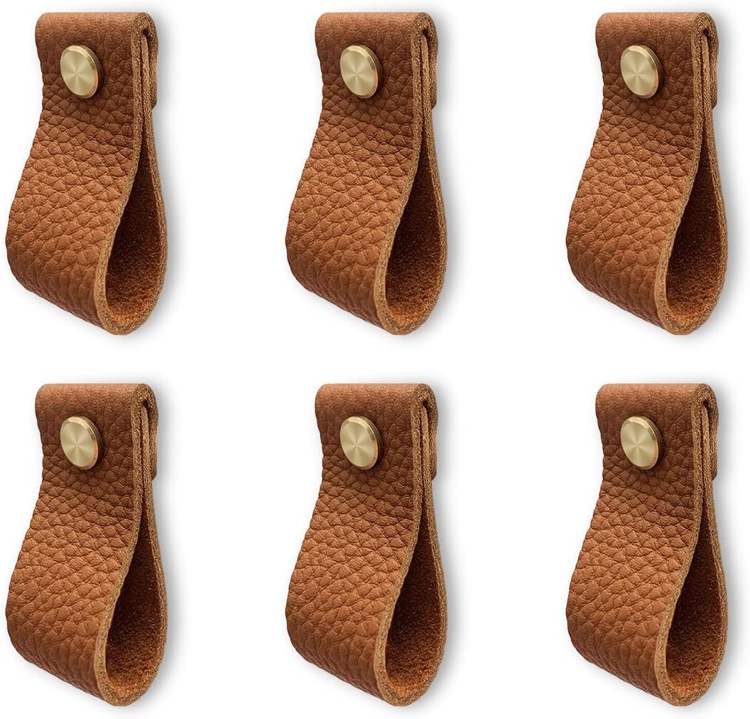 TERRIFI 6Pcs Leather Drawer Pulls,Handmade Leather Dresser Knobs,Perfect Replacement of Metal Cabinet Knobs,Leather Drawer Handle with Screws for Home,Kitchen,Bedroom, Brown