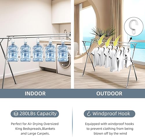 Miniatura 5 de Estante de secado de ropa, de acero inoxidable resistente, ajustable y plegable, para interiores y exteriores, con 20 ganchos resistentes al viento