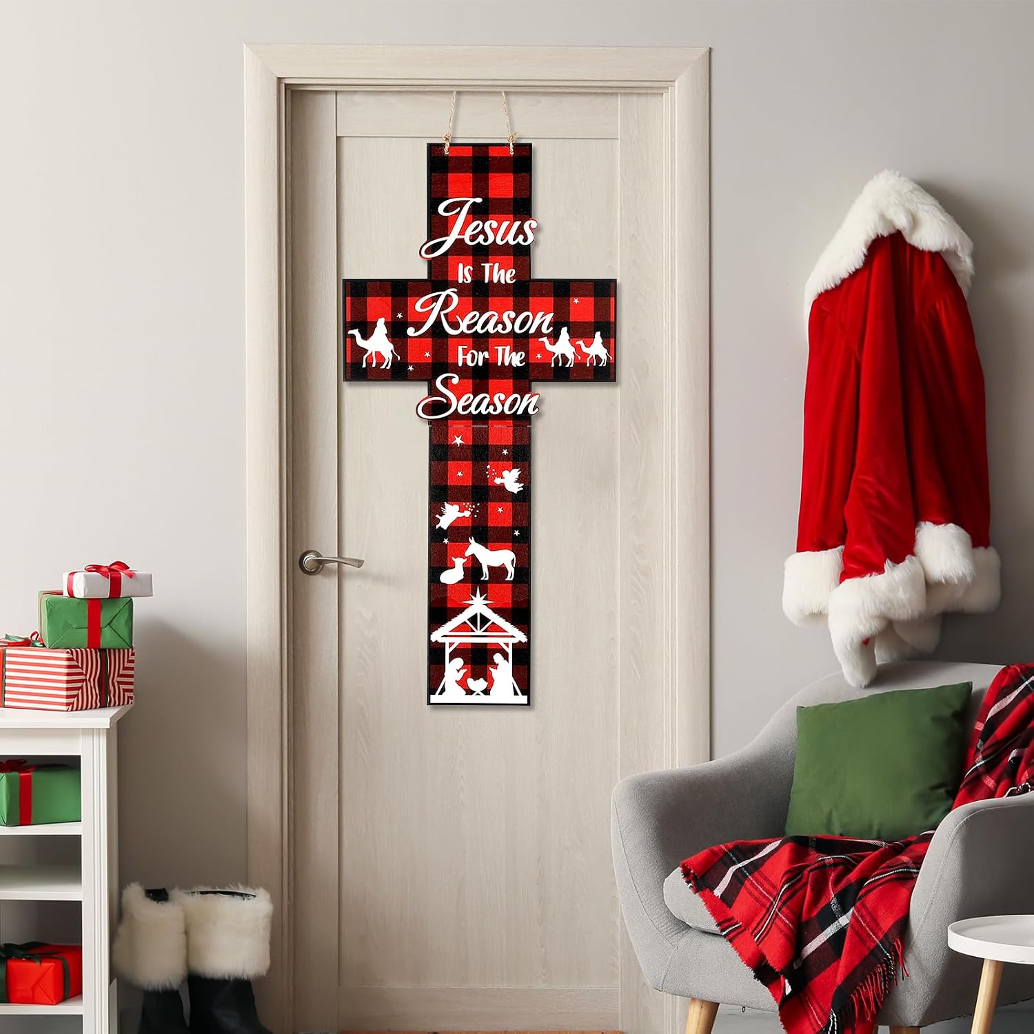 Wood Nativity Scene Cross Ornament Christmas Jesus Door Sign Jesus is The Reason for The Season Hanging Decor for Xmas Christian Holiday Home Wall Front Door Indoor Outdoor Decor 27.5 x 13.4 Inch
