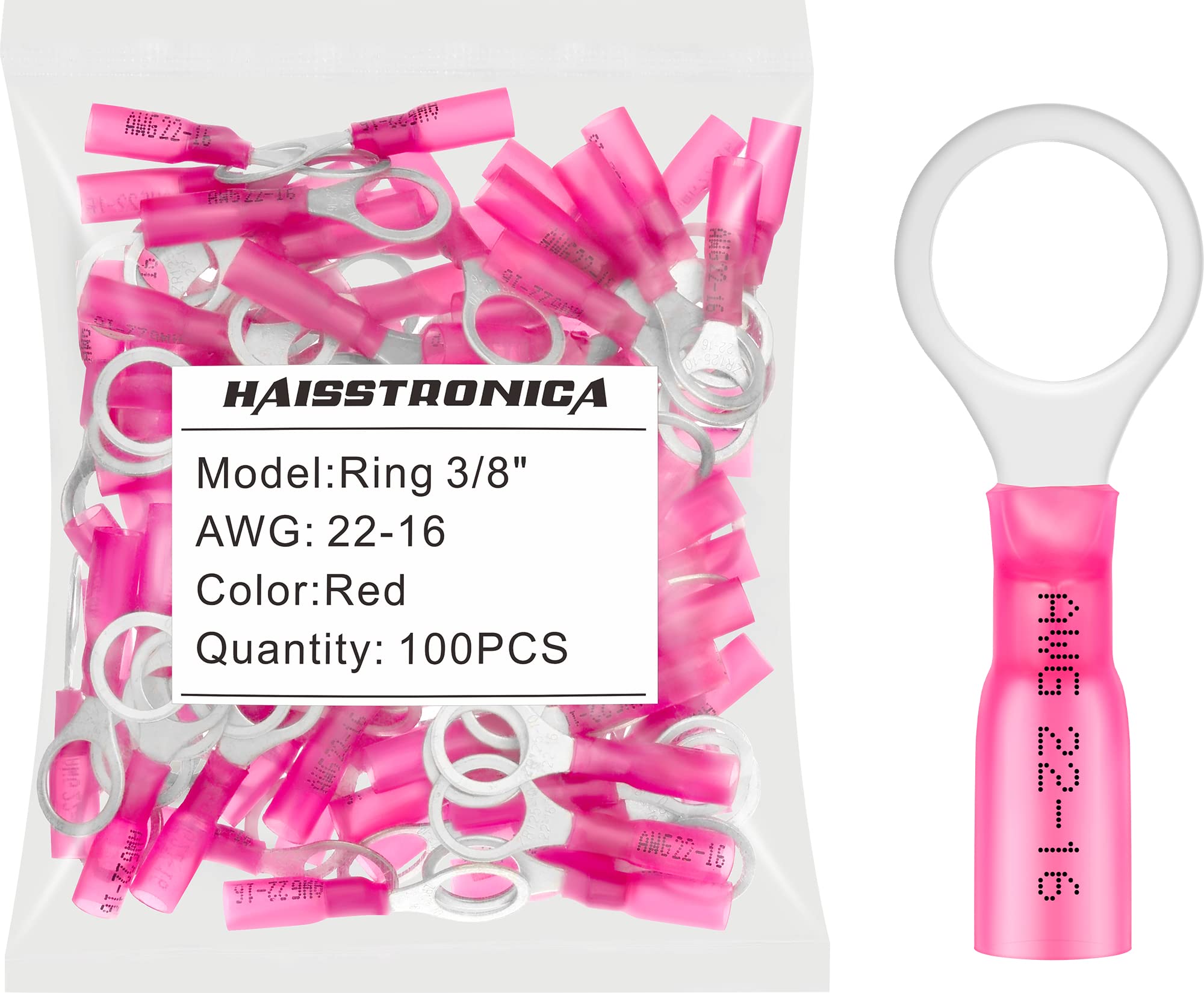 haisstronica 100PCS Heat Shrink Ring Terminals, 22-16 AWG, 3/8 in, Red | Battery and Ground Stud Connections, 0.7 mm Copper Barrel, 3:1 Adhesive-Lined Seal, Automotive Wiring Repairs, Ring Connector Ring 3/8" Red 100