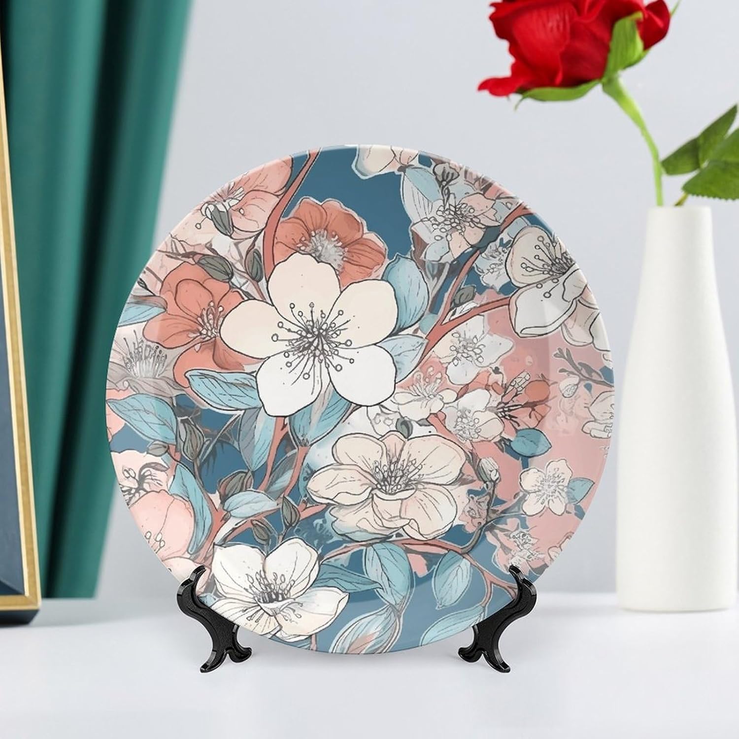 Peach Leafed Flower Ceramic Plate 10inch Decorative Bone China Wall Hanging Ornament Plates Bohemian Style Dinner Plate with Display Stand Cabinet Display Plates for Home Art Decor