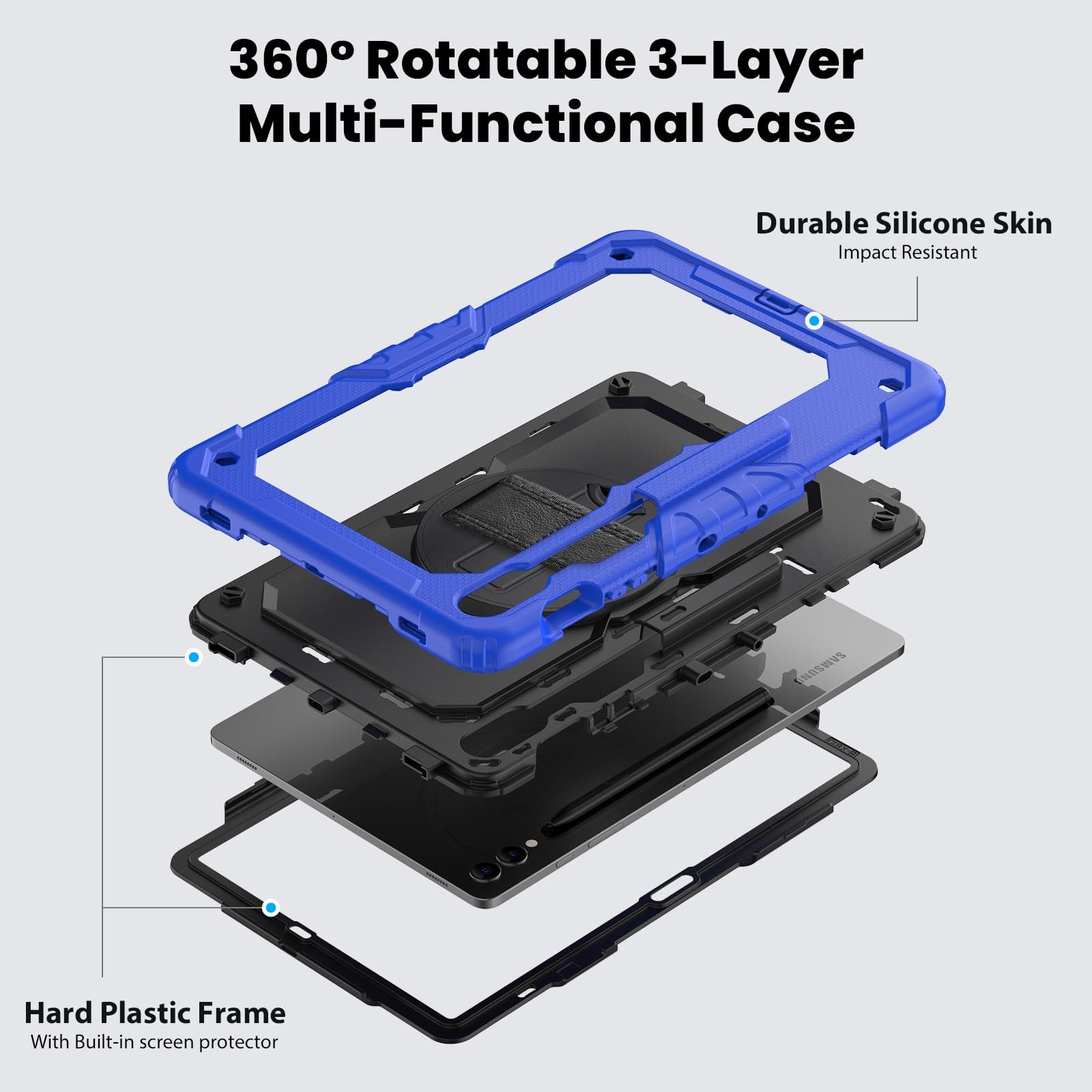 Kompatybilny z Samsung Galaxy Tab S10 Plus 12,4" 2024 SM-X820 Wytrzymały, odporny na wstrząsy futerał TPU, osłona ochronna zabezpieczeniem ekranu Obrotowa podpórka 360° + pasek rękę + ramię(Blu)