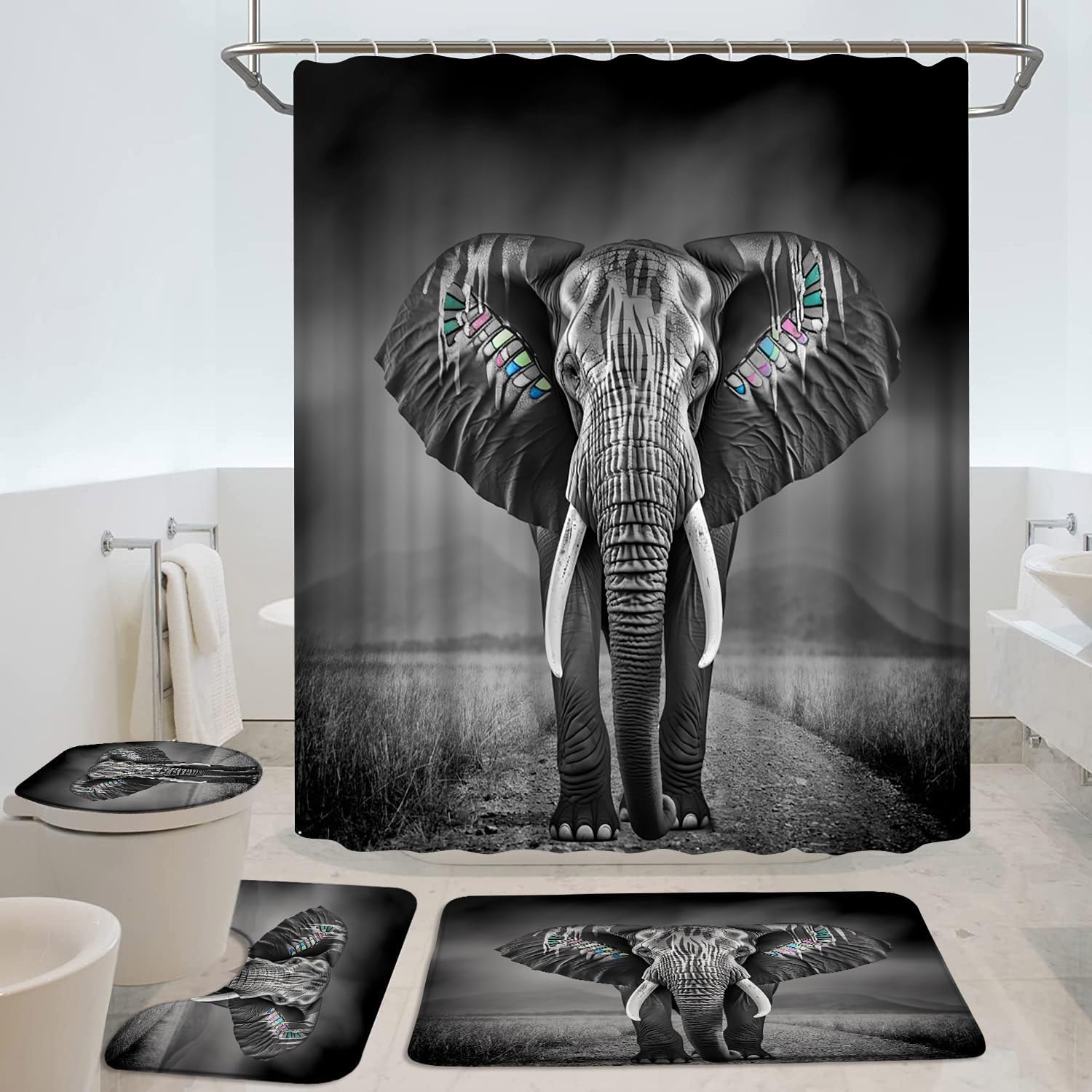 4Pcs Grey Elephant Shower Curtain Sets with Bath Rug U Shape Mat and Toilet Lid Cover Boho African Wildlife Texas Southwest Ethnic Tribal Vintage Bathroom Decor Curtains Set with 12 Hooks