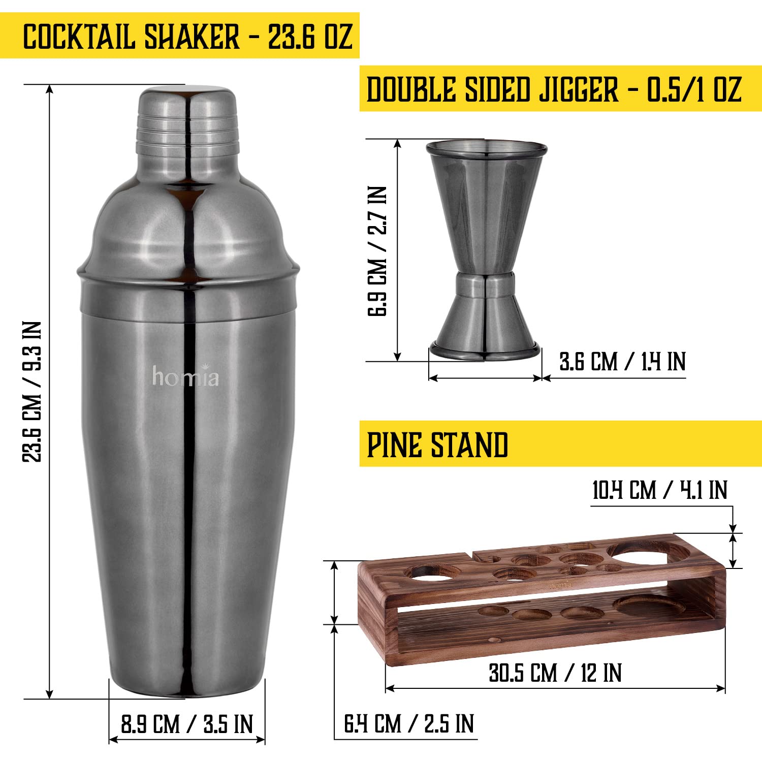 Kit de barman con soporte de pino, juego de barra con coctelera, kit de bartending con herramientas esenciales de accesorios de barra, 13 piezas, color negro