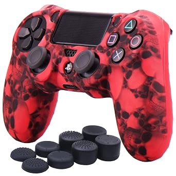 YoRHa Water Transfer Printing Skull Silicone Cover Skin Case for Sony PS4/slim/Pro Dualshock 4 Controller x 1red with Pro Thumb Grips x 8
