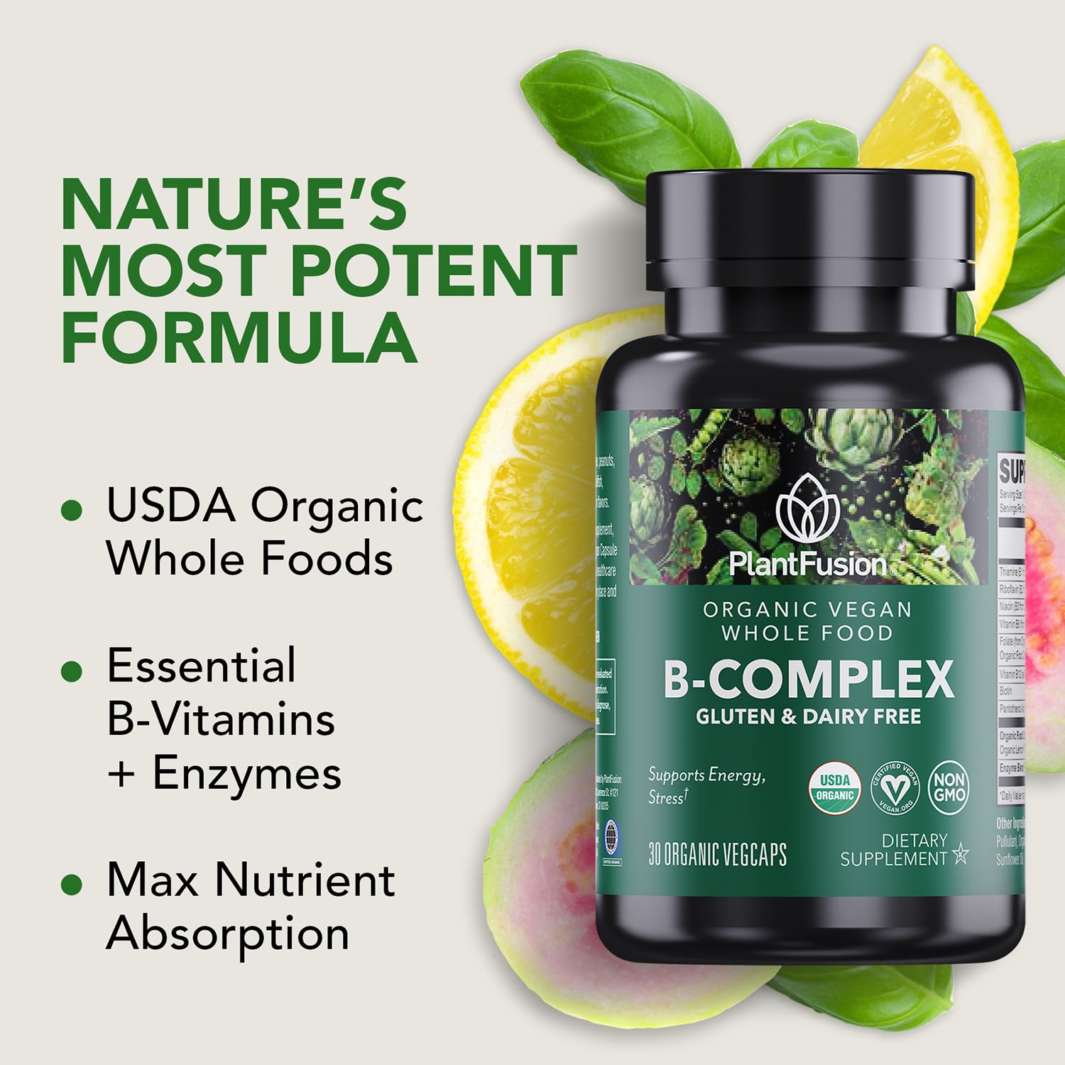 PlantFusion Organic Vitamin B-Complex, Vegan Whole Food Supplement for Energy & Metabolism, Methylated B12, Guava, Lemon & Basil, Non-GMO, Gluten-Free - 30 Capsules — Amazon image 2
