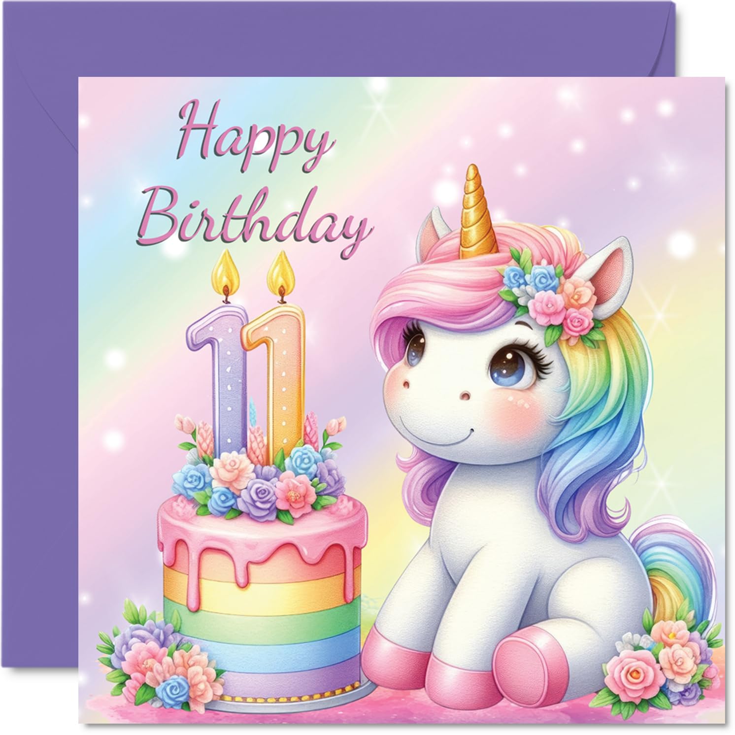 11th Birthday Cards for Girls - Unicorn Cake - Happy Birthday Card for 11 Year Old Girl Cousin Daughter Sister Goddaughter, 145mm Bday Greeting Cards