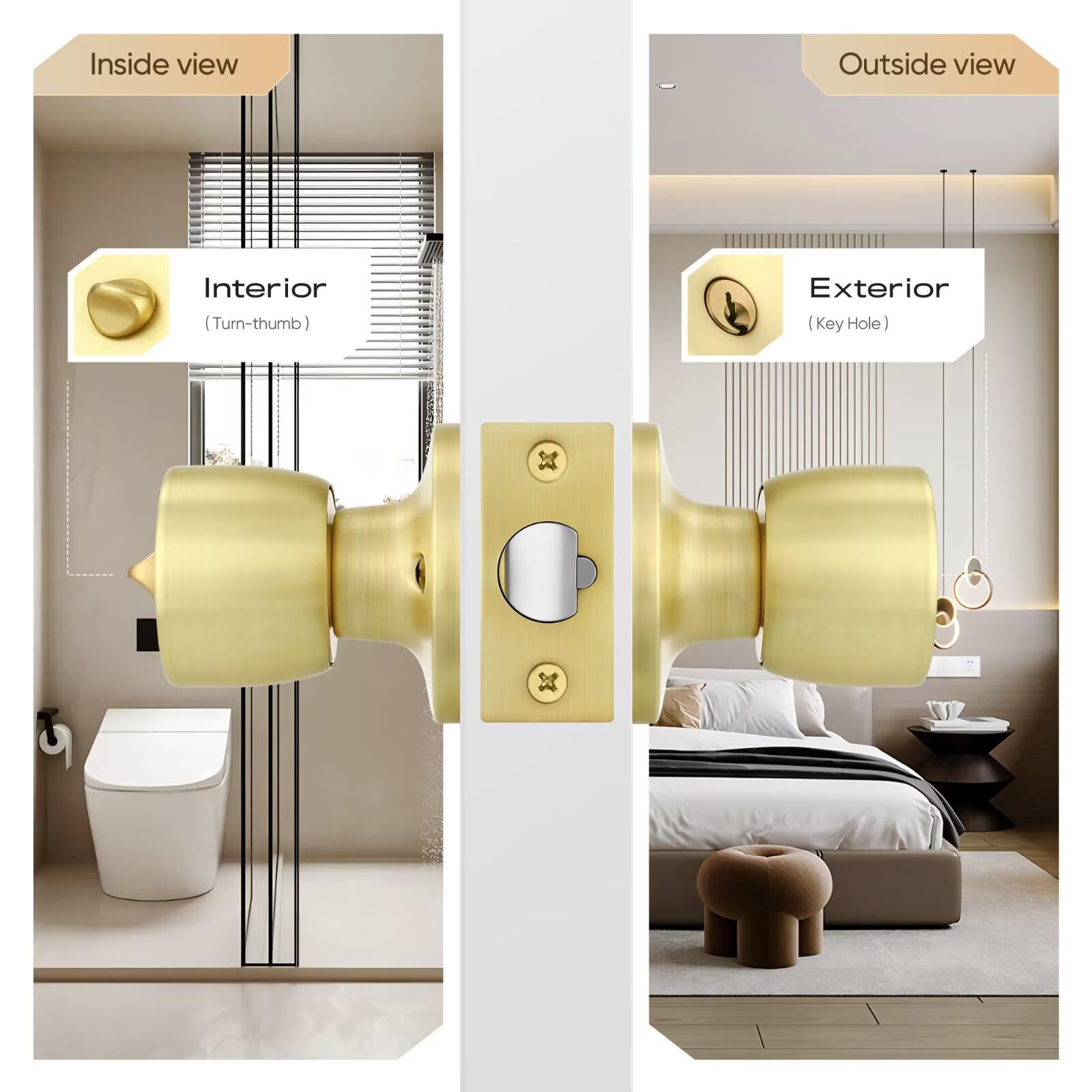 Leydebong Paquete de 5 pomos de puerta de acero inoxidable con cerradura dorada con llaves, respaldo ajustable de 60 a 70 mm para puertas de 35 a 45 mm de grosor, puerta delantera, dormitorio, baño