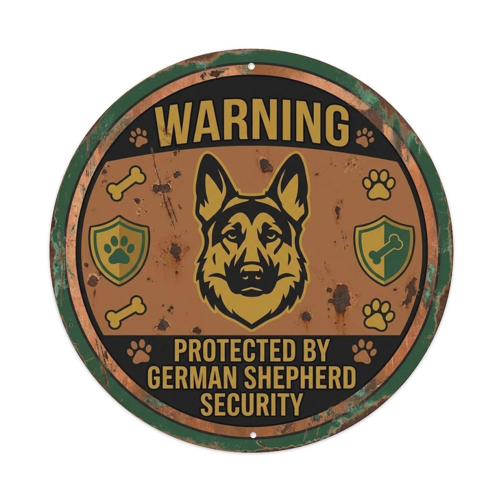 German Shepherd Security Warning Vintage Brown Metal Tin Sign