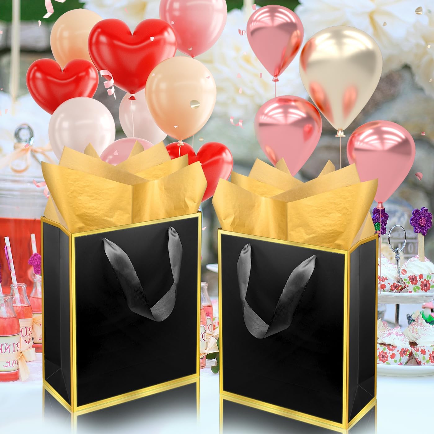 Nimbbex 25 Pack Metallic Paper Gift Bags with Handles and Tissue Paper, Gold Foil Edge Paper Bags for Wedding, Bridal Shower, Baby Shower, Birthday, Graduation, Thank You Gifts, 9x7x3.1(Black Gold)