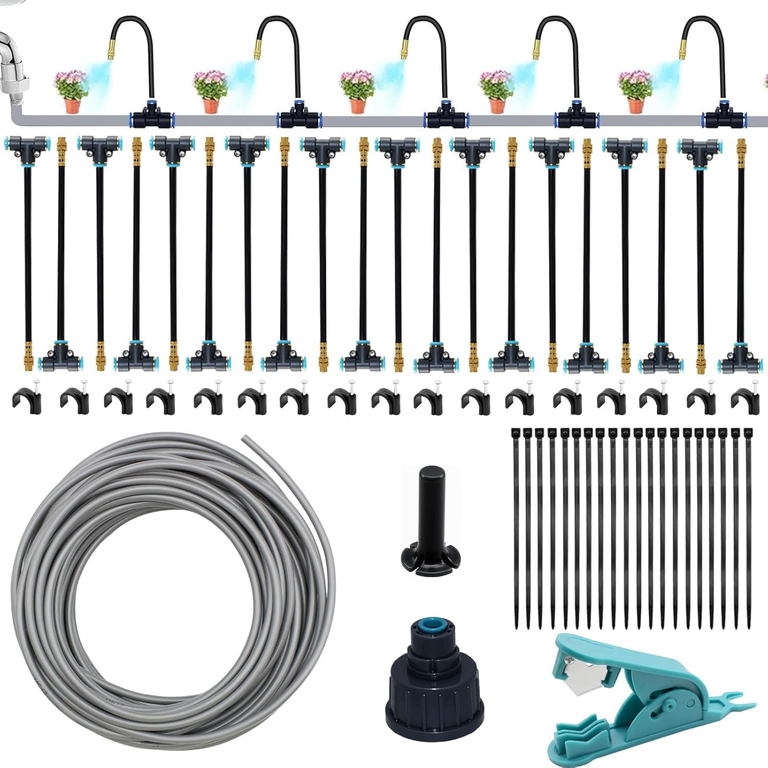 Garden Watering System Kit, Easy Install Irrigation System with 360° Spray Nozzles, Automatic Drip Irrigation for Lawn, Greenhouse & Plant Beds (20m)