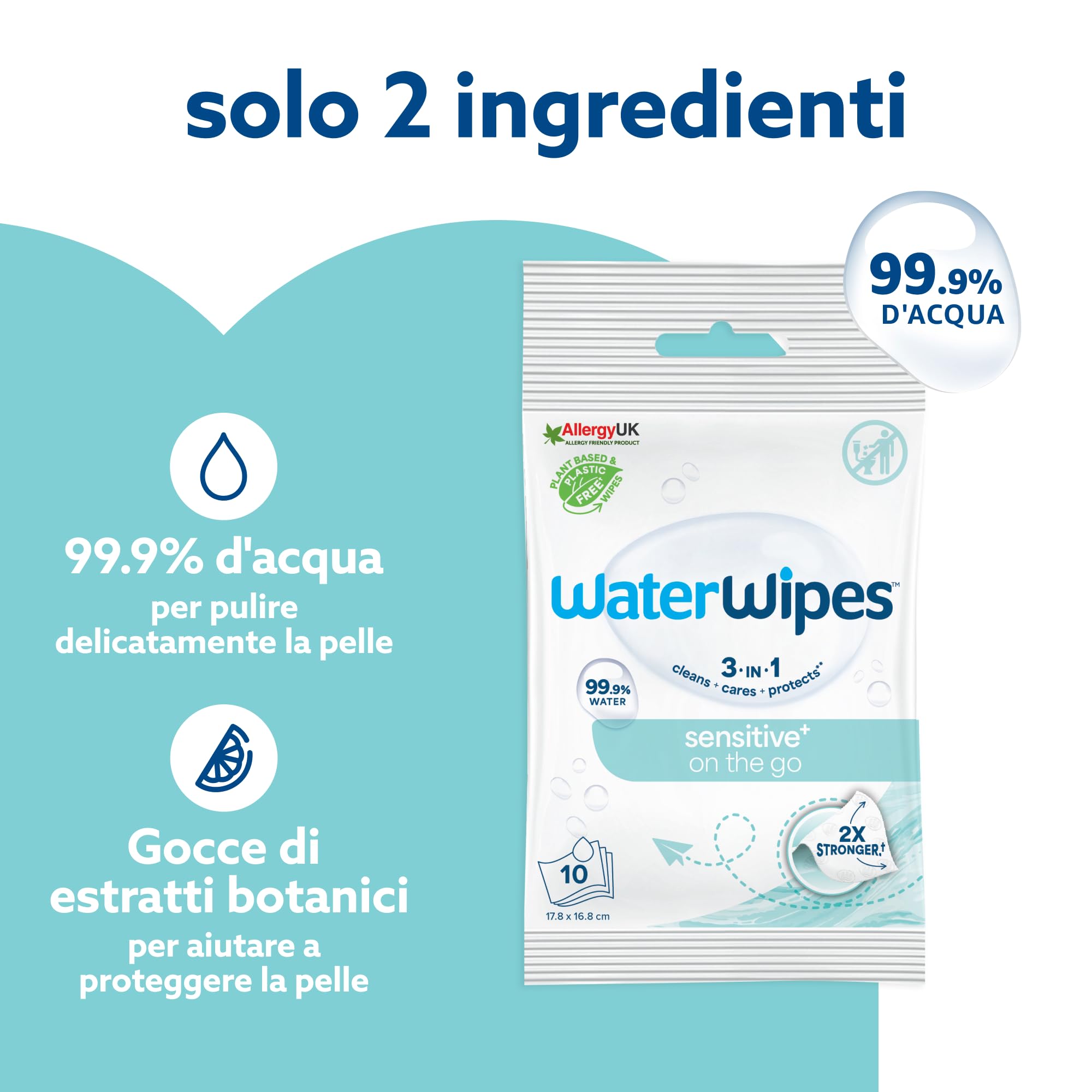 WaterWipes Sensitive+ On The Go Wipes, Salviettine On the Go, 100 Pezzi (10 Confezioni), Deterge, Cura, Protegge, 99,9% Acqua, Salviette Umidificate Senza Profumo