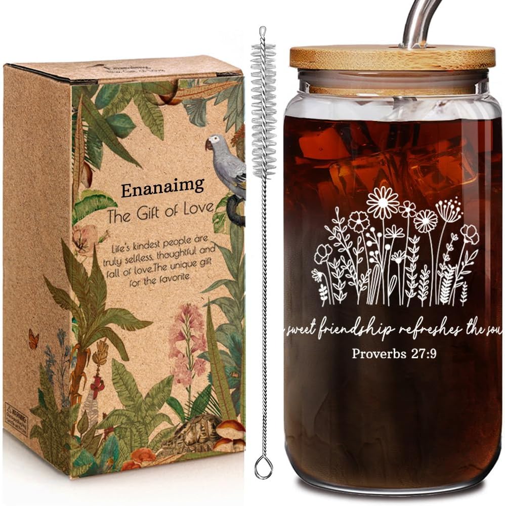 A Sweet Friendship Refreshes The Soul 16oz Can Glass Coffee Cup with Bamboo Lid & Straw, Friendship Gifts for Women, Bible Verse Coffee Mugs, Inspirational Christian Gifts for Best Friends BFF Sister