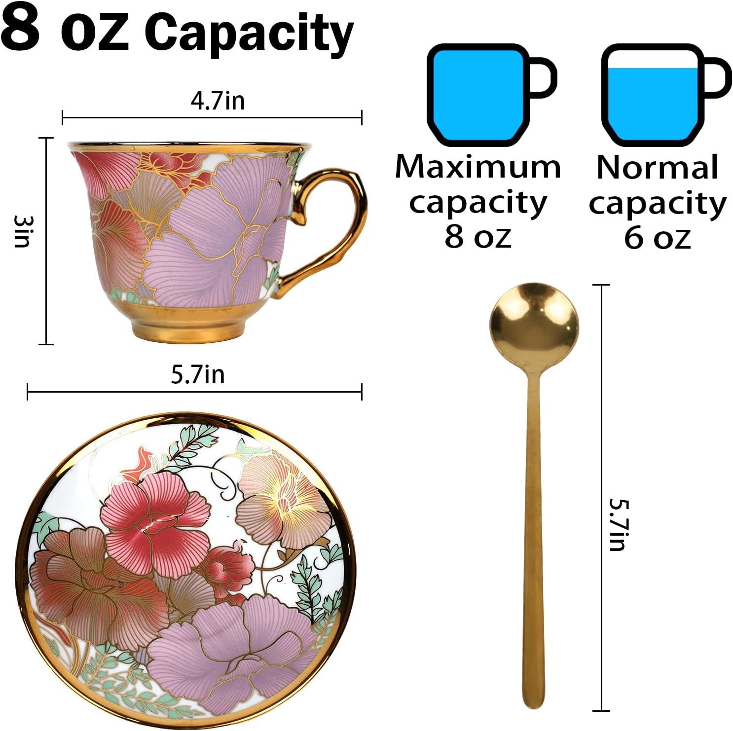 Tea Cups and Saucers Set of 6, 8 OZ Ceramic Tea Cups with Saucers Vintage Floral Tea Cup Set for Cappuccino, Macchiato, Afternoon Tea Birthday Party Supply Thanksgiving Day Halloween gifts - Image 2