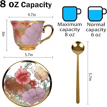 Tea Cups and Saucers Set of 6, 8 OZ Ceramic Tea Cups with Saucers Vintage Floral Tea Cup Set for Cappuccino, Macchiato, Afternoon Tea Birthday Party Supply Thanksgiving Day Halloween gifts