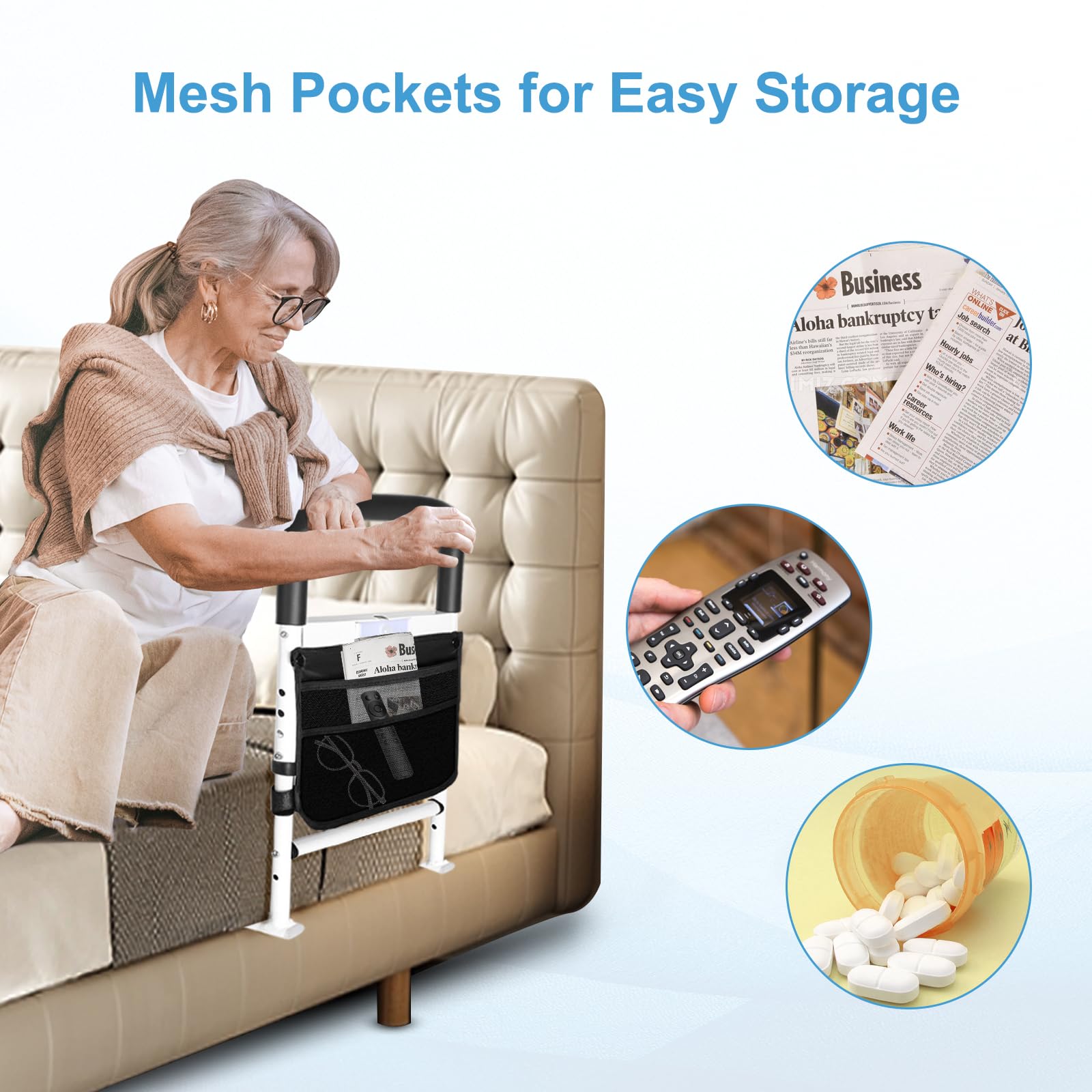 Rieles de Cama para Adultos Mayores, Riel de Ayuda para Cama de Altura Ajustable para Personas Mayores Barra de Agarre para Evitar Caídas junto a la Cama con Bolsa de Almacenamiento y Correa de Fija