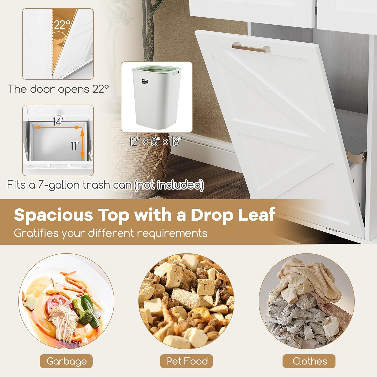 DORTALA Kitchen Island with Drop Leaf & Tilt Out Trash Can Cabinet, Rolling Trolley Cart with 2 Drawers, Door Racks, Towel Rack, Spice Rack, Farmhouse Breakfast Bar Cart for Dining Room, White (White)