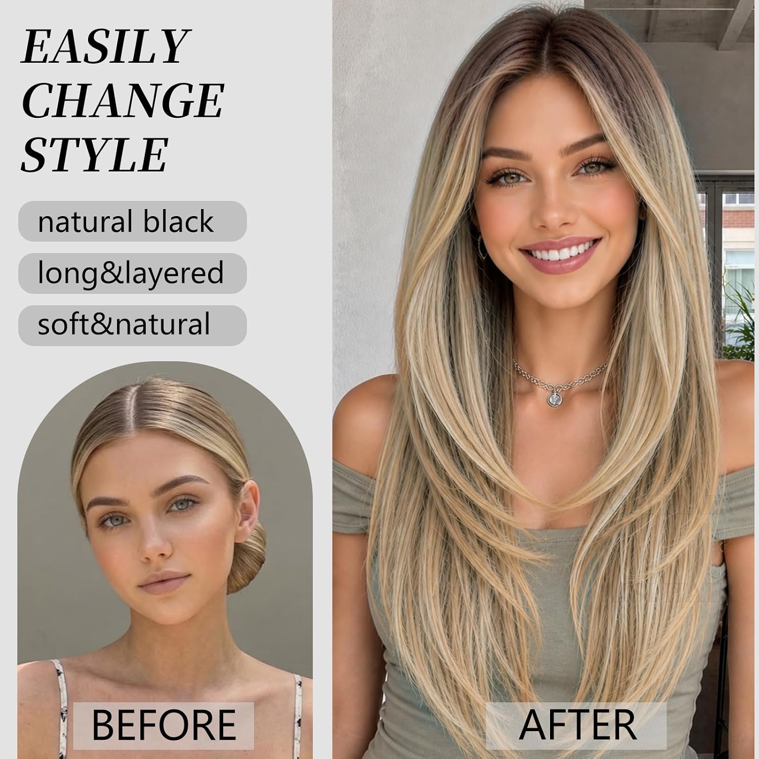 AISI HAIR 13x6 Lace Front Blonde Mix Wig with Free Parting Long Straight HD Transparent Lace High Layer Layered Synthetic Wig for Women,Natural Look for Daily and Party