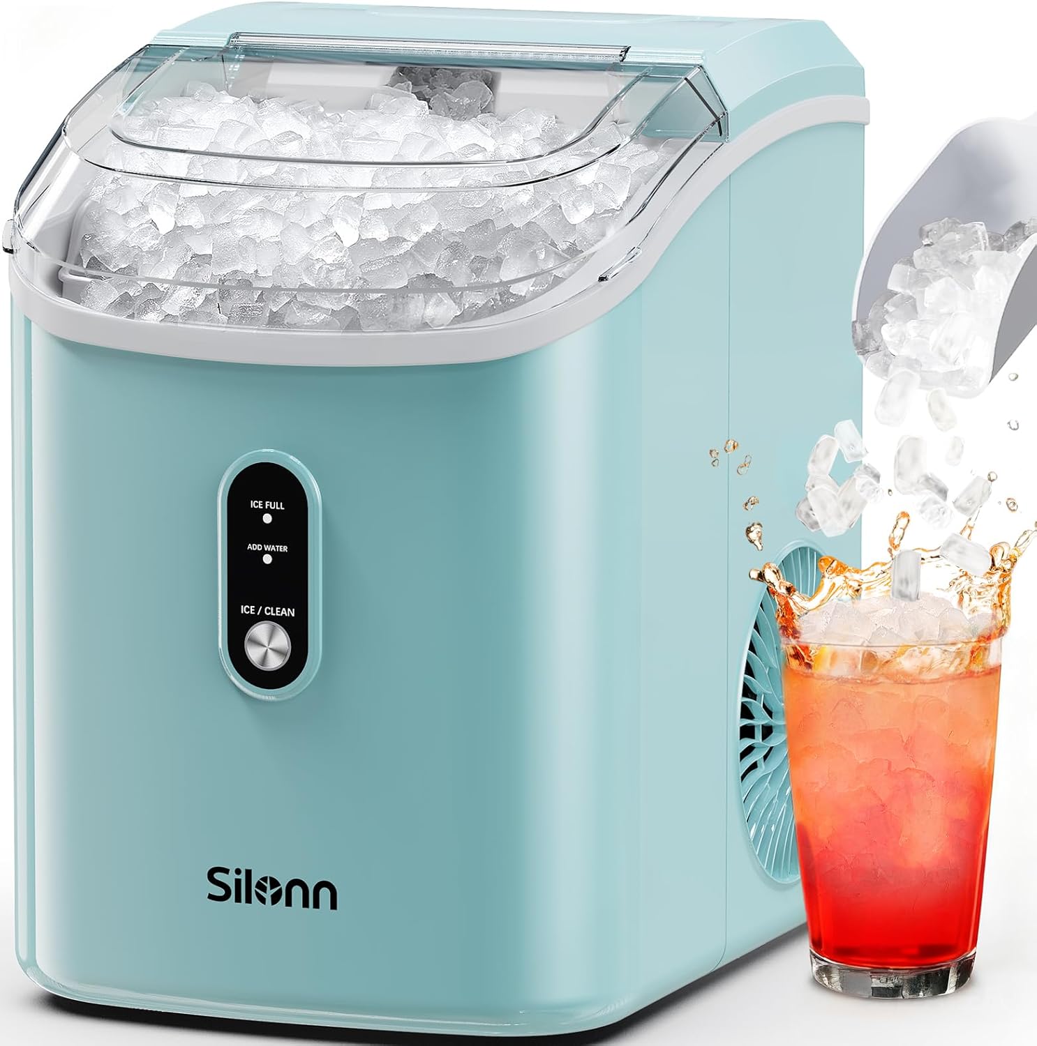 Silonn Nugget Ice Maker Countertop, Chewable Pellet Ice Machine, Self-Cleaning Pebble Ice Maker with Scoop, Portable Ice Maker for Home, Kitchen, Office, Green