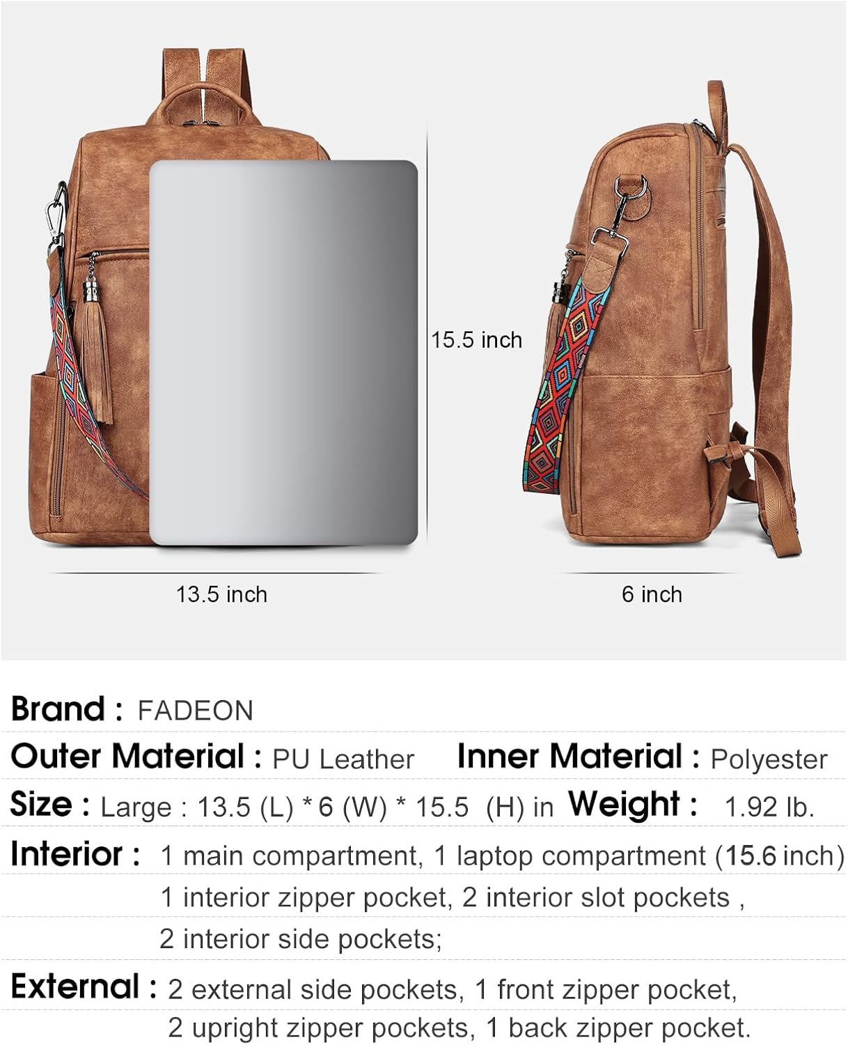 FADEON Leather Laptop Backpack for Women Designer 15.6 inch PU Laptop Bag, Ladies Travel Computer Work Backpack Brown - Image 2