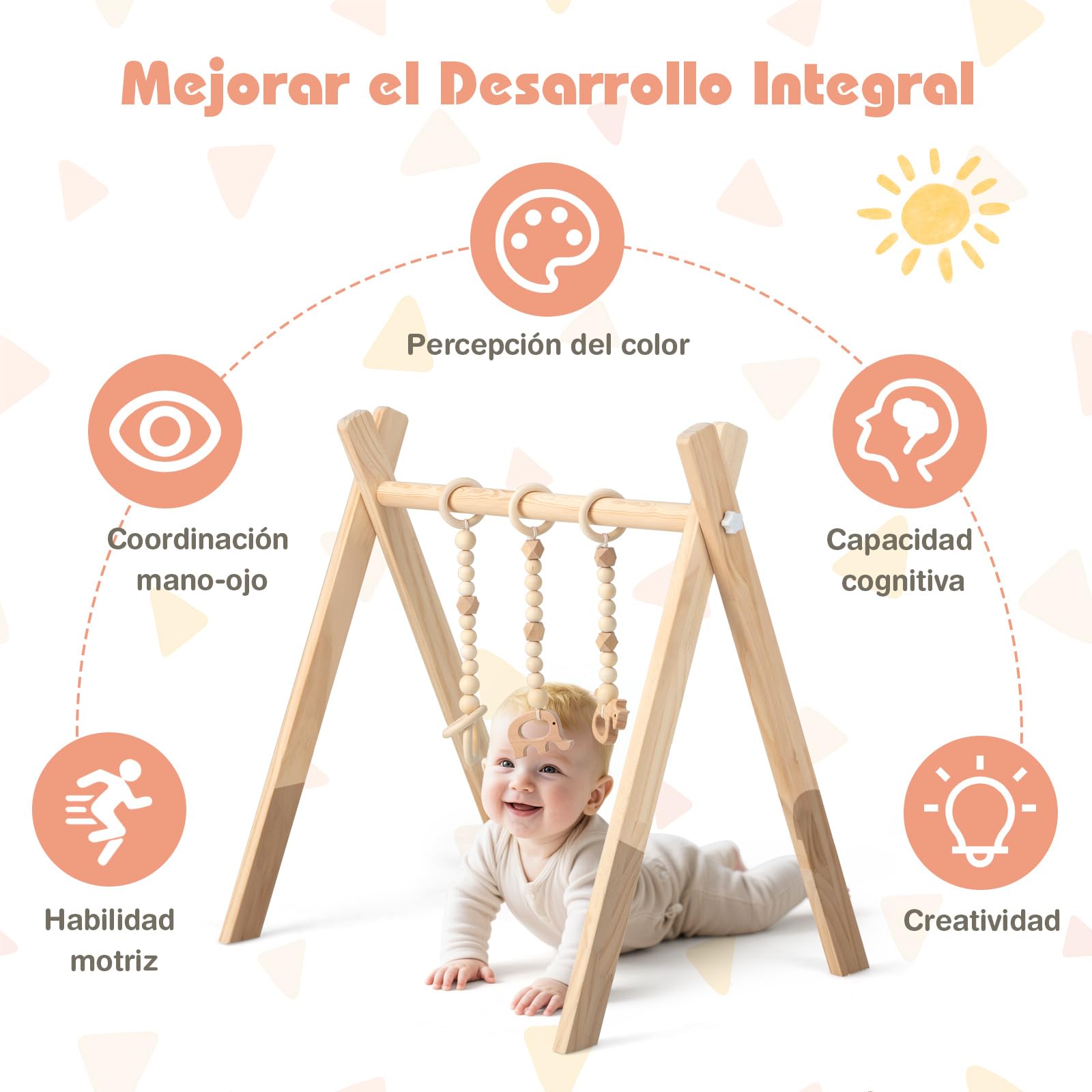 COSTWAY Gimnasio para Bebé de Madera Centro de Actividade con Juguete de Más de 3 Meses, Arco Plegable de Madera para Bebé con 3 Juguetes Extraíbles para Niños (Natural)