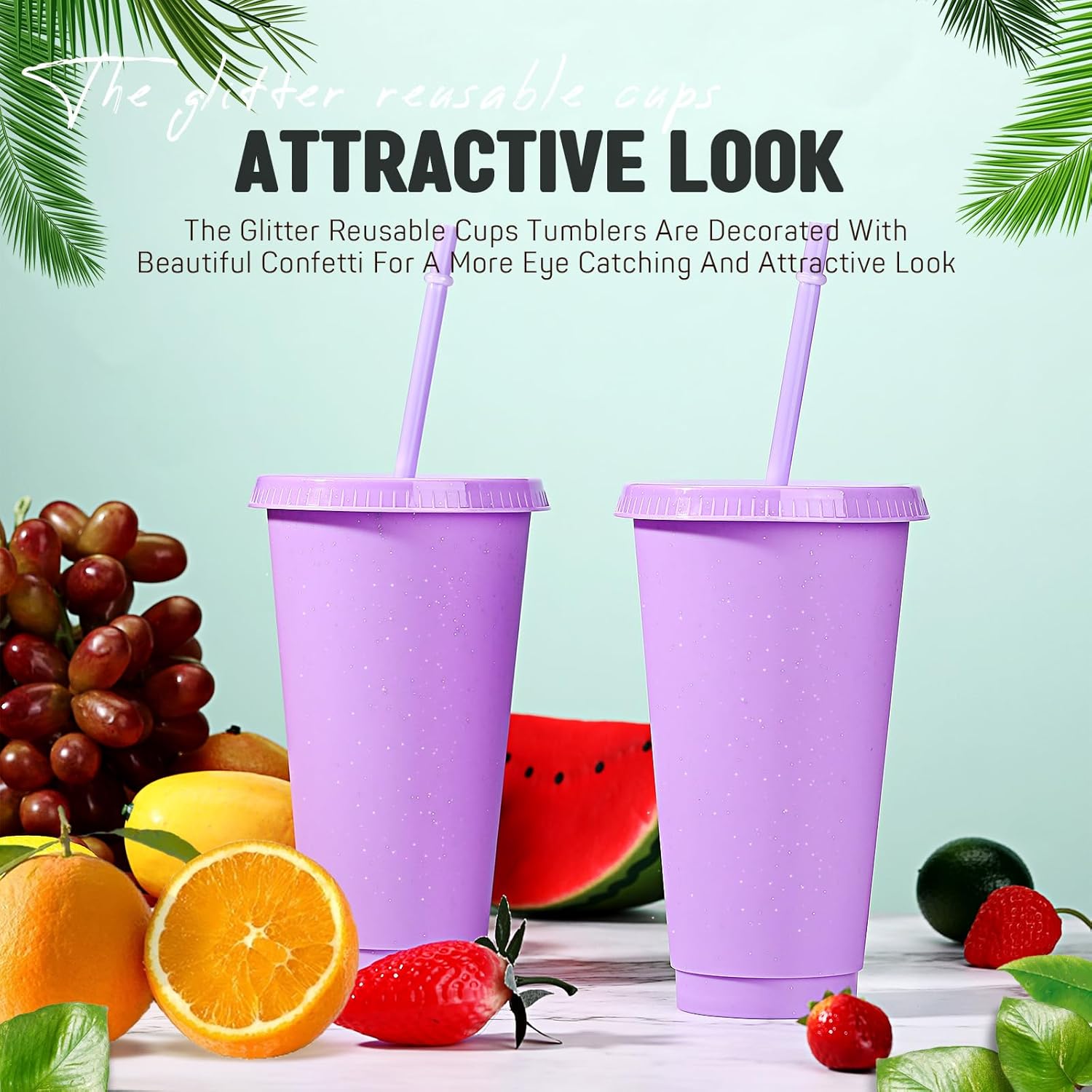 Roshtia 24 Pack Plastic Tumblers with Lid and Straw Reusable Cups Bulk Water Bottles Iced Coffee Travel Mug Cup for Birthdays Party Juices Adults Kids (Purple,24 oz) - Image 6