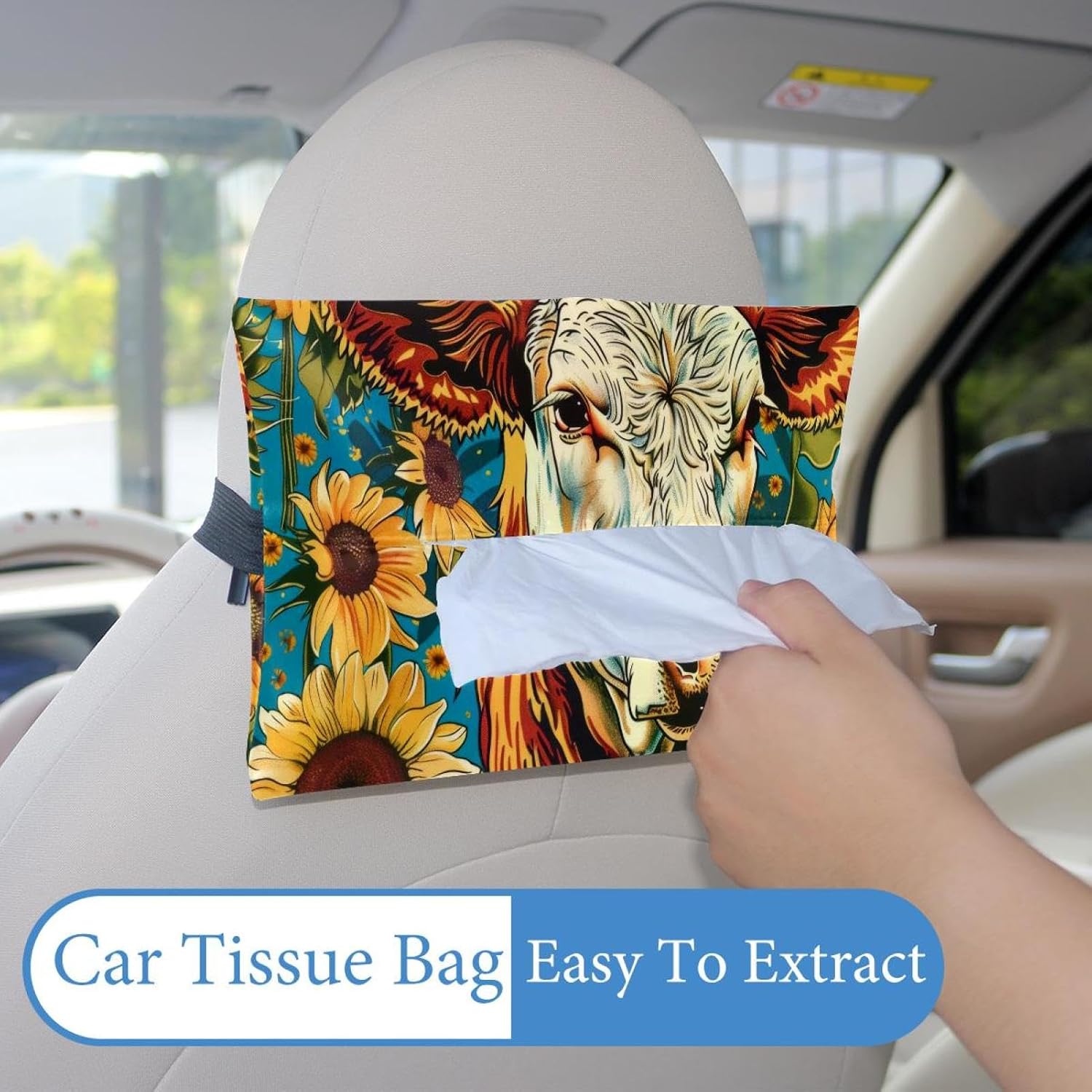 2 Pieces Tissues Purse Pocket Car Tissue Box Holder, Reusable Travel Car Visor Tissue Pouch Zipper Tissue Case for Vehicle Paper Storage (Sunflowers Cow Print) image 2
