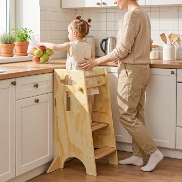 COSYLAND Height Adjustable Toddler Standing TowerNO Wide Back Panel - Super Stable Kids Kitchen Stool Helper with 4 Support Blocks - 3 Levels Adjustable Wooden Kitchen Stool All Natural