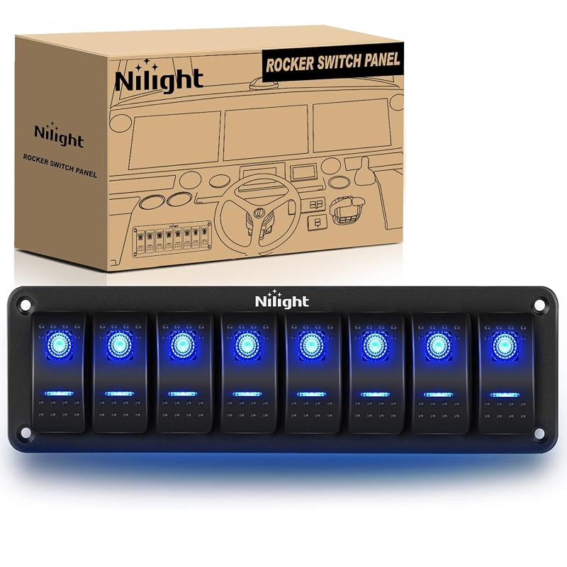 Painel com 8 interruptores tipo rocker Nilight SPST 5 pinos 12 V/24 V com iluminação azul