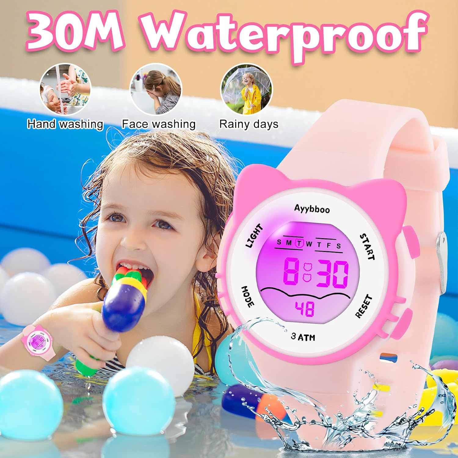 Ayybboo Kids Digital Watch with '30M Waterproof' text, showing icons for hand washing, face washing, and rainy days, indicating suitable water exposure.