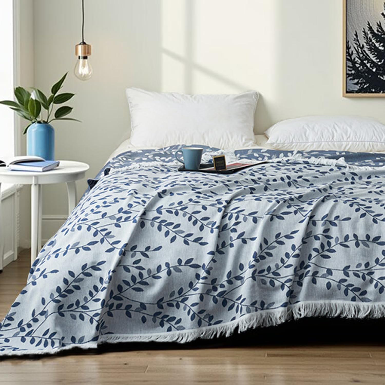 NIDITW Boho Leaves Muslin Blanket 80x92 Inches 100% Cotton Cooling Breathable for Hot Sleepers Lightweight Summer Throw with Tassels for Bed Couch Sofa Picnic (Leaf Navy Blue, 80"x92") - Image 2