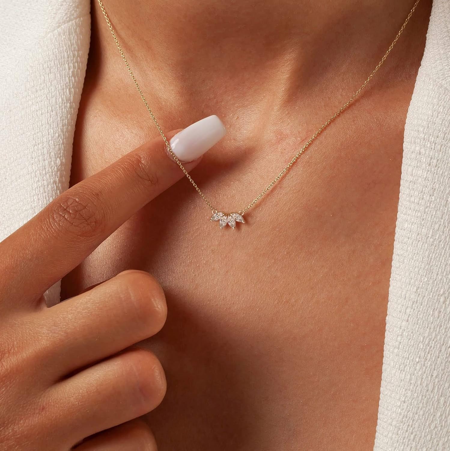 Dainty Necklace, 14K Gold Filled Marquise Cut Cubic Zirconia Lotus Dainty Necklace for Women 16.5”+2”